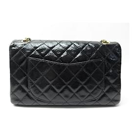 Chanel-CHANEL LARGE HANDBAG 2.55 JUMBO IN BLACK QUILTED PATENT LEATHER HAND BAG-Black