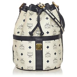 Borsa a secchiello MCM in pelle con visiera bianca Nero Bianco