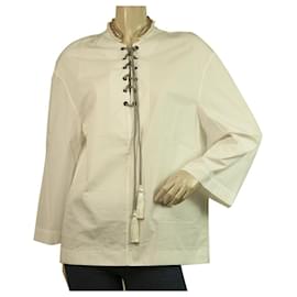 Etro-Decote de pérolas e miçangas de algodão branco ETRO, Blusa de borlas túnica tamanho superior 38-Branco