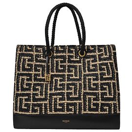 Balmain Gefaltete Einkaufstasche M-Monogram Raffia Naturel/Noir Fleisch