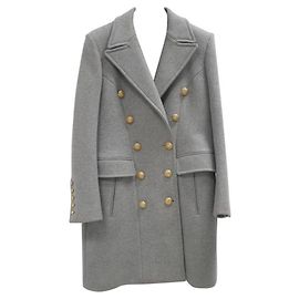Balmain Grey Wool Cashmere Gold Button lined Breasted Overcoat Grey