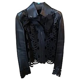 Fendi-Fendi Floral Pattern Biker Leather Jacket Size L-Black
