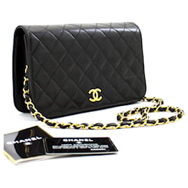 Chanel-CHANEL Full Flap Bolsa de Ombro com Corrente Clutch Pele de Cordeiro Acolchoada Preta-Preto