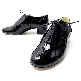 NEUN CHANEL BROGUES SCHUHE CAMELIA G HEELS31468 39 Schwarzes Lackleder Schwarz