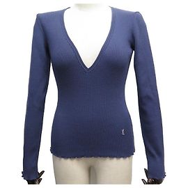 YVES SAINT LAURENT PULLOVER M 38 YSL-PULLOVER AUS LILA WOLLE MIT V-AUSSCHNITT Lila
