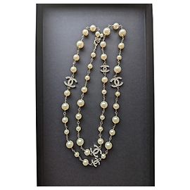 Chanel CC A20Collana lunga V Logo Classic perla e cristallo Argento