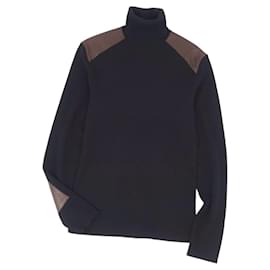Ralph Lauren-RALPH LAUREN BLACK LABEL Knit Turtle Lauren Leather Patch Wool Cashmere Rib Knit Men's Tops Black Size L-Black