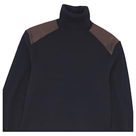 Ralph Lauren-RALPH LAUREN BLACK LABEL Knit Turtle Lauren Leather Patch Wool Cashmere Rib Knit Men's Tops Black Size L-Black