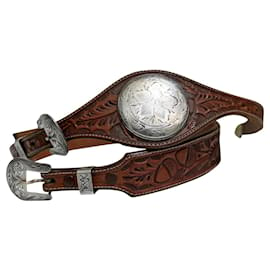 Autre Marque-Vintage western belt in leather and silver-Silvery,Dark brown