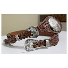 Autre Marque-Vintage western belt in leather and silver-Silvery,Dark brown