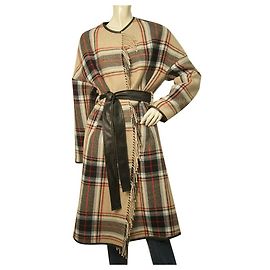 Pinko Beige Checked Collarless Belted Knee Length Coat w. Fringes size 40 Multiple colors