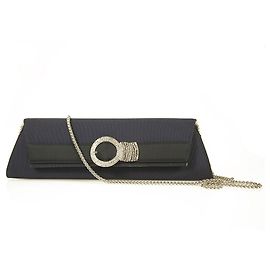Rodo Blue Grosgrain & Black Satin Clutch Bag w. Crystals Handbag Silver Chain Blue