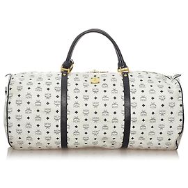 MCM White Visetos Leather Travel Bag Black White