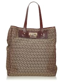 Fendi-Fendi Brown Zucchino Canvas Tote Bag-Brown,Beige,Dark brown