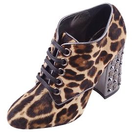 DOLCE & GABBANA Chaussures Harako Leopard Bootee Lacets Clous Talon Chaussures Femme Marron Taille 35.5 (22.5équivalent cm) Marron