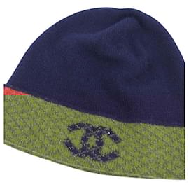Chanel-Chanel hat 18K Knit Hat Cap Coco Mark Cashmere Men's Women's Navy / Orange-Orange,Navy blue