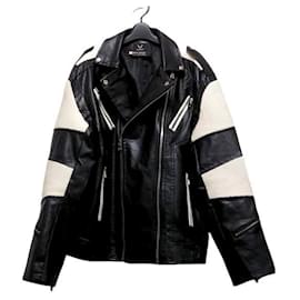 Pierre Balmain-[Used]  PIERRE BALMAIN (PIERRE BALMAIN) Riders jacket long sleeve / faux leather / zip up / spring / autumn black x white-Black,White