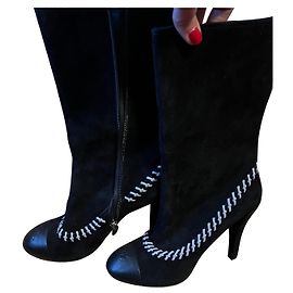 Chanel Black Suede Ankle Boots Black