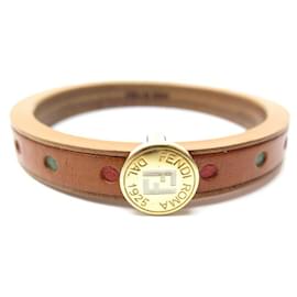 Fendi-SET OF TWO FENDI BRACELETS 17 CM GOLD METAL WOOD & BROWN LEATHER WOOD BANGLE-Multiple colors
