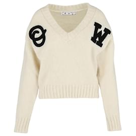 Off White Wollpullover mit Patch und V-Ausschnitt Weiß