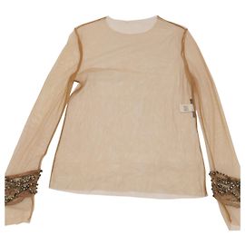 Alberta Ferretti Transparentes, perlenbesetztes Top aus nacktem Nylon Fleisch