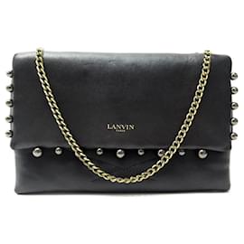 Lanvin-LANVIN PERLES HANDBAG IN BLACK LEATHER CROSSBODY POUCH LEATHER HAND BAG-Black