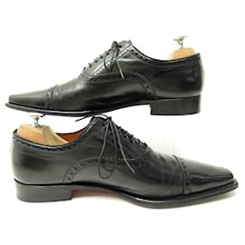 Santoni-SANTONI SHOES 6132 FLORAL TOE RICHELIEU 6.5IT 41.5 EN BLACK LEATHER SHOES-Black
