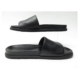 Hermès-HERMES SHOES SANDALS MULES BIARRITZ 44.5 BLACK LEATHER BOX SHOES-Black