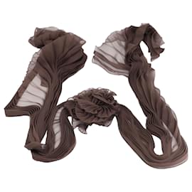 Valentino-Valentino Pleated Scarf with Rosette in Brown Silk-Brown