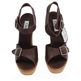 Chloé-Chloe Buckle Wedge Wooden Sandals in Brown Leather-Brown