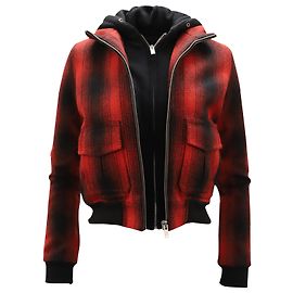 R13 Hooded Plaid Bomber Jacket in Red Wool Other