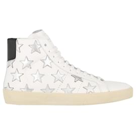 Saint Laurent-Mens Leather Metallic Stars Sneakers-Black