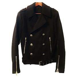 Balmain-[Used]  BALMAIN Balmain Riders P Coat Pea Coat Black Black Wool Cotton-Black