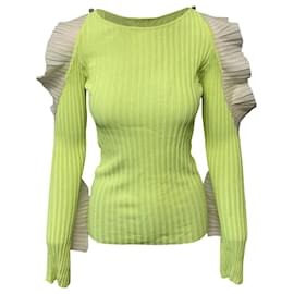 Autre Marque-David Koma Cut Out Ruffled Longsleeves Knit Top in Green Rayon-Green