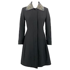 Fendi-Fendi coat in black cotton with leather embroidered collar-Black