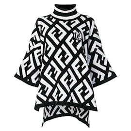 Fendi-Fendi suéter oversize poncho FF logo preto branco-Branco