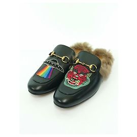 GUCCI Bit / Sandals / US10 / Black / Fur / Leather Black