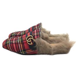 gucci 497309 / Prince Town / Fur Sandals / UK9 / RED / Check Red