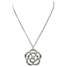 Chanel-Chanel necklace with camellia pendant in faux pearls & zircons-Silvery,Metallic