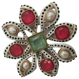 Chanel-Large exceptional CHANEL metal enamel brooch with rhinestone pearls-Multiple colors