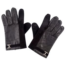 Hermès HERMES Handschuhe Handschuhe Lammleder H-Logo Metallbeschläge Herren Schwarz Größe 8.5 Schwarz