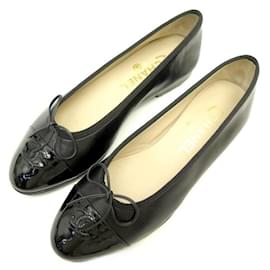 Chanel-NEW CHANEL BALLERINA CC A LOGO SHOES02819 37.5 BLACK LEATHER BLACK SHOES-Black