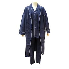 Hermès-NEW HERMES TRAVEL KIT PAJAMA + XXL DRESSING GOWN 56 NAVY BLUE COTTON LINEN-Navy blue