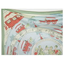 Hermès-HERMES SCARF GAME OF OMNIBUSES AND WHITE LADIES JERSEY SILK SQUARE 90 SCARF-Green