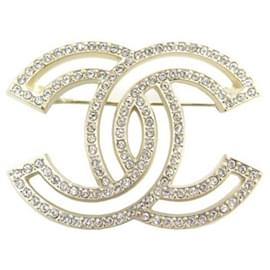 Chanel-NUEVO BROCHE CHANEL LOGO CC Y STRASS A64746 EN METAL ORO NUEVO BROCHE DE ORO-Dorado