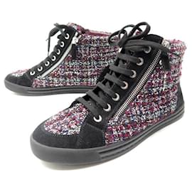 Chanel-CHANEL SHOES SNEAKERS LOGO CC G30243 38 TWEED BURGUNDY ZIPPER SNEAKERS-Dark red