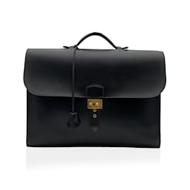 Hermès-Hermes Paris Vintage Black Leather Sac a Depeche Single Lock Briefcase-Black