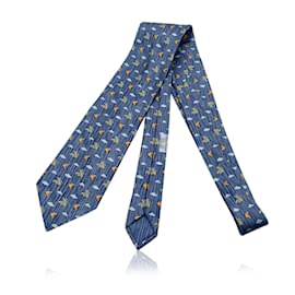 Hermès-Gravata Hermes Paris de seda azul Pegasus com estampa de pássaros 7831 UA-Azul