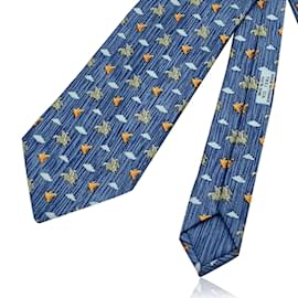 Hermès-Gravata Hermes Paris de seda azul Pegasus com estampa de pássaros 7831 UA-Azul