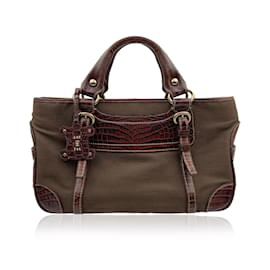 Céline-Brown Canvas Leather Boogie Satchel Tote Bag Handbag-Brown